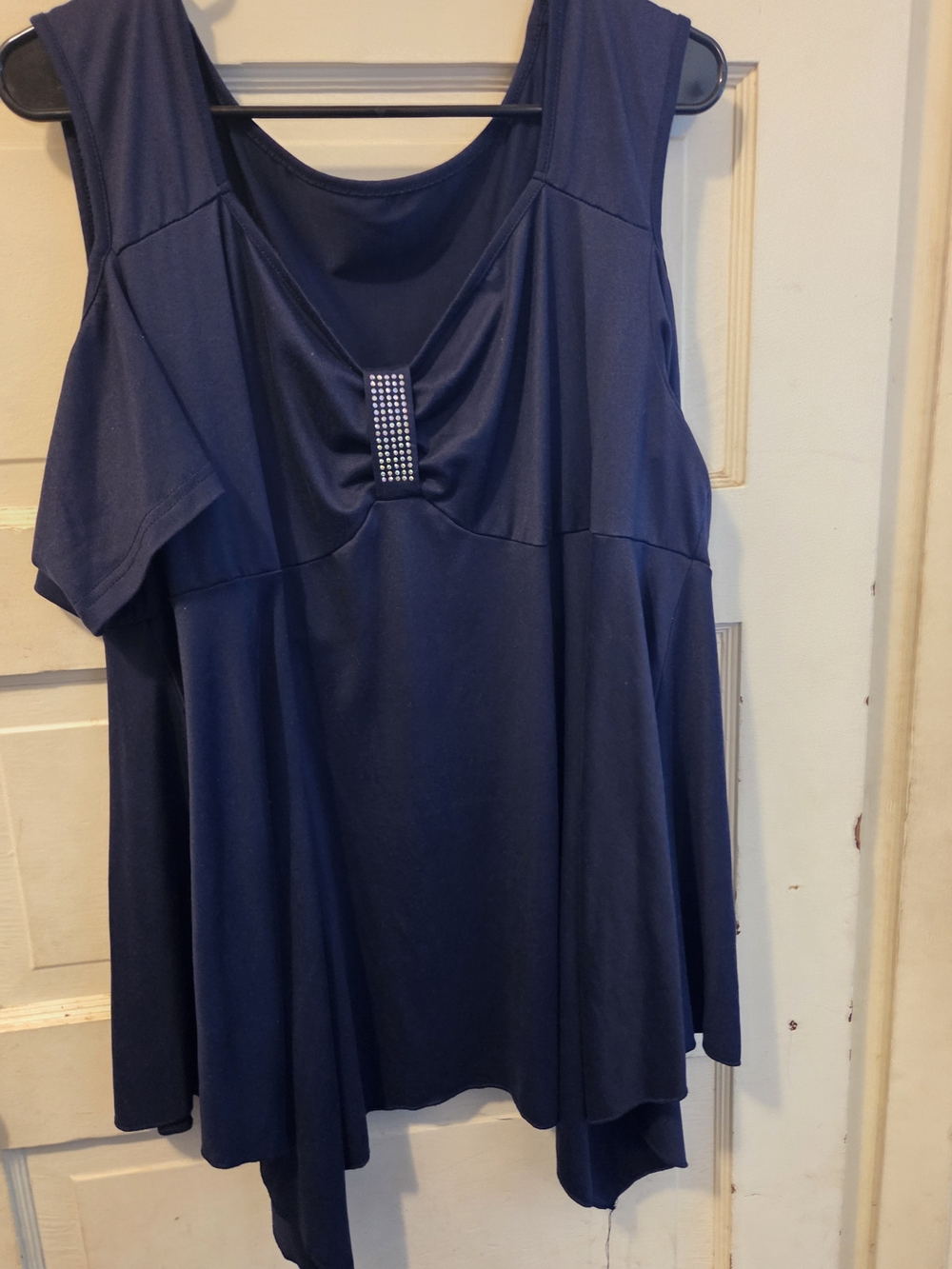 SHEIN Navy Blue Sleeveless Draped Tunic with Rhinestone Accent